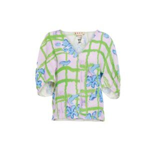 Marni Floral Print Blouse Top Shirt Womens 46 10 Large Blue Green Purple V-Neck